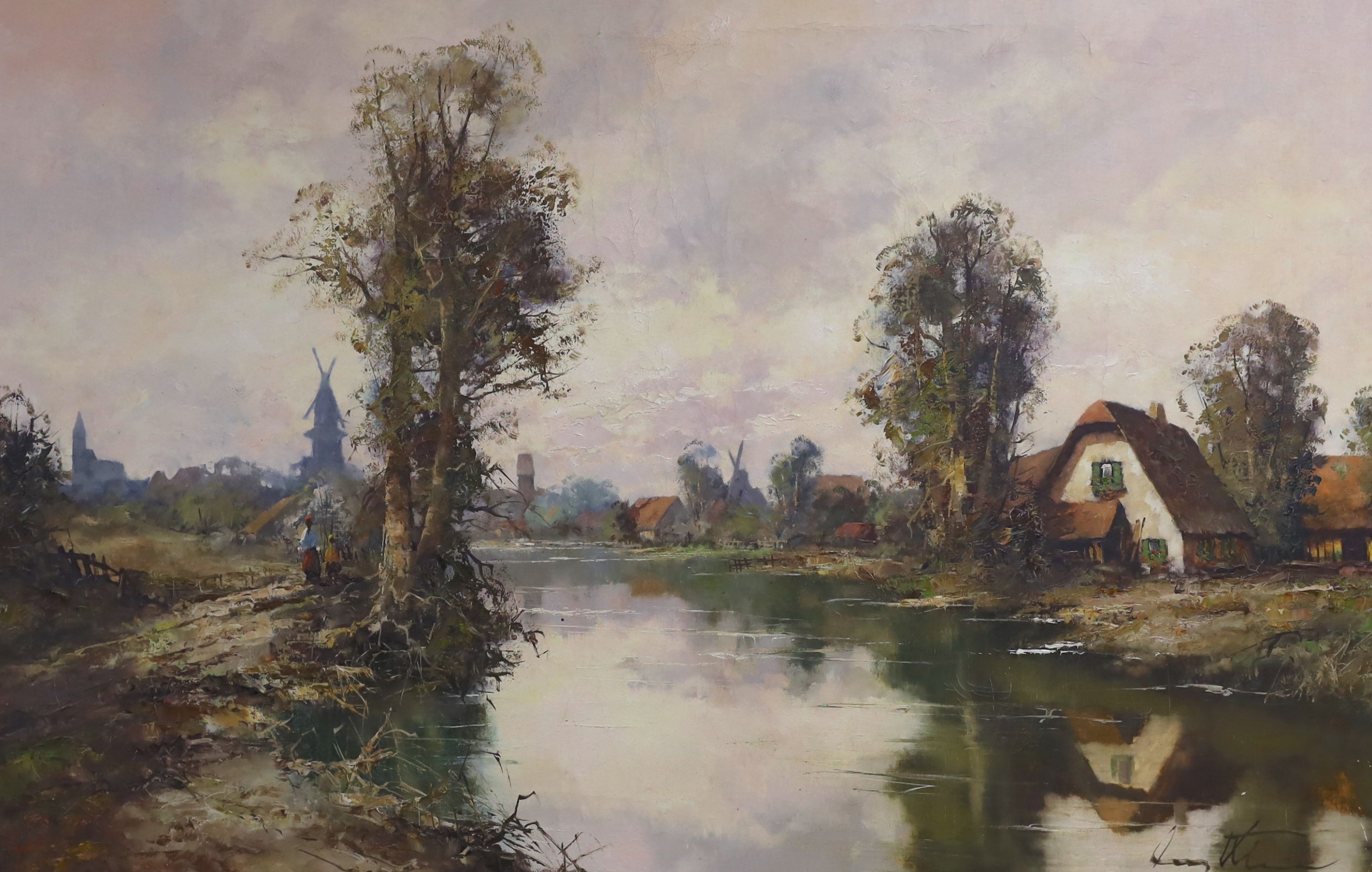Continental School, oil on canvas, River landscape, indistinctly signed, 60 x 91cm